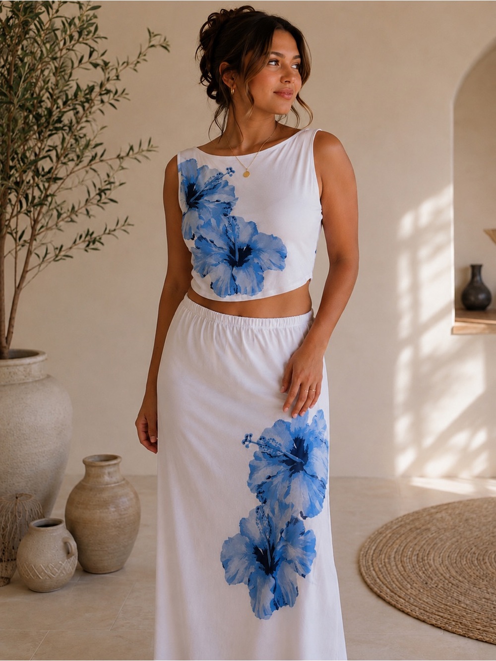 NWT Women’s 2 Piece Floral Maxi Skirt Set XL Blue & White